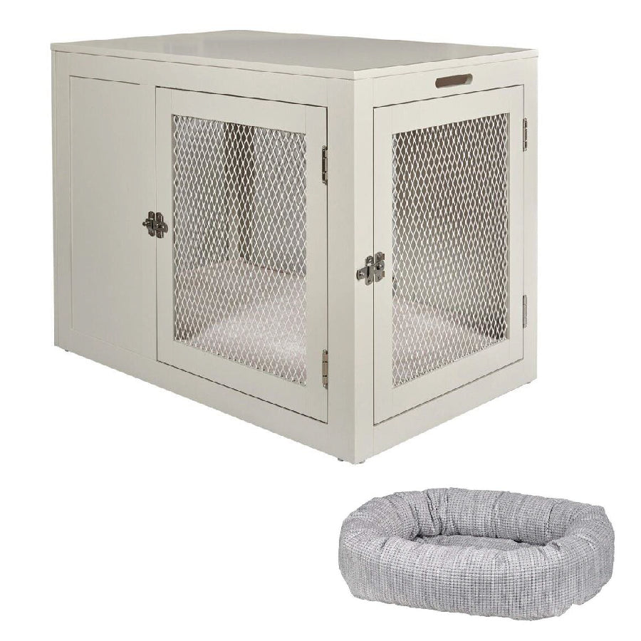 BOWSERS -  Fresco Dog Crate - Large – Wood & Bowsers Donut Bed - Large - Glacier
