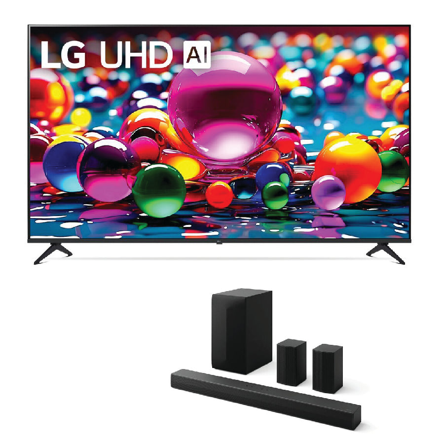 LG 75 Inch 4K UHD Smart LED TV with WebOS 24 + LG 5.1 Channel 440W Sound Bar with Wireless Sub and Rear Speakers