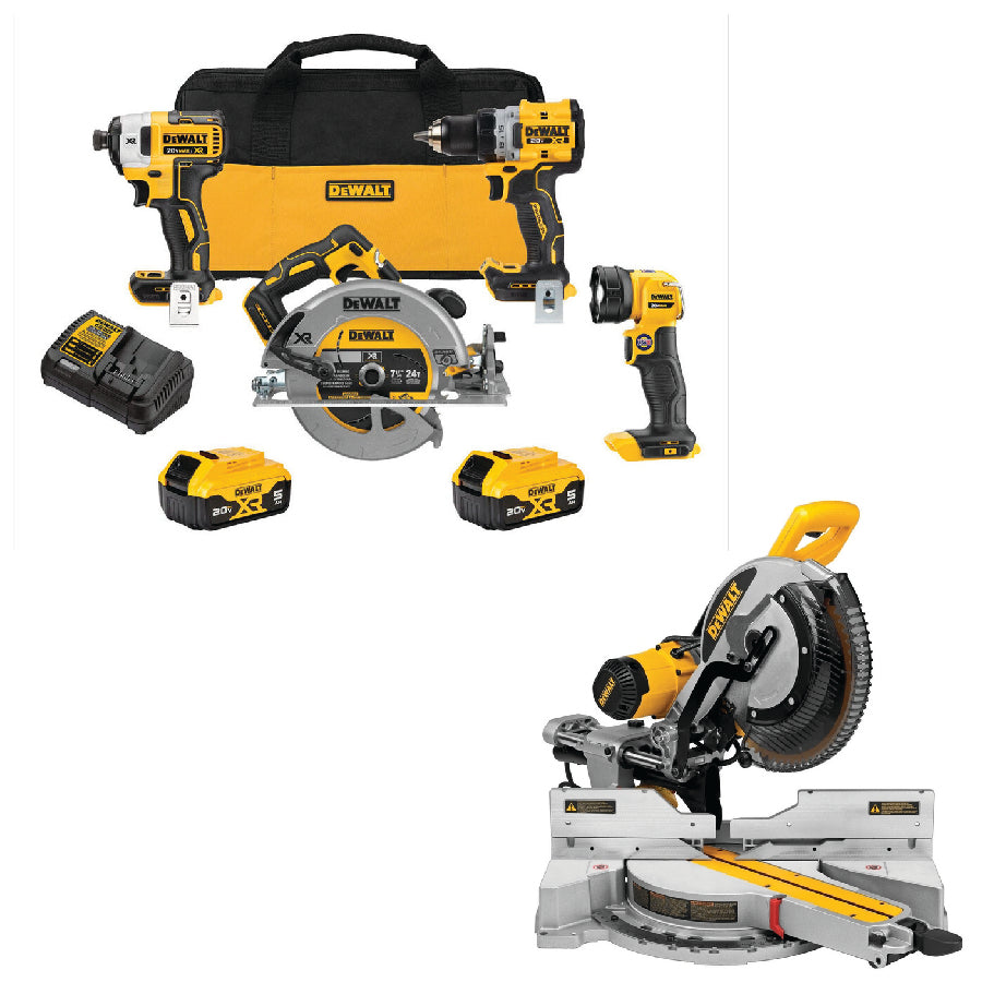 Dewalt 20V MAX XR Brushless Cordless 4-Tool Combo Kit + Heavy-Duty 12in Sliding Double-Bevel Compound Miter Saw