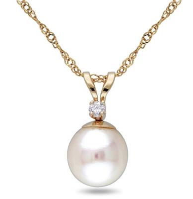 DELMAR JEWELRY - 7-7.5mm Freshwater Pearl, Diamond Pendant,14K Yellow Gold